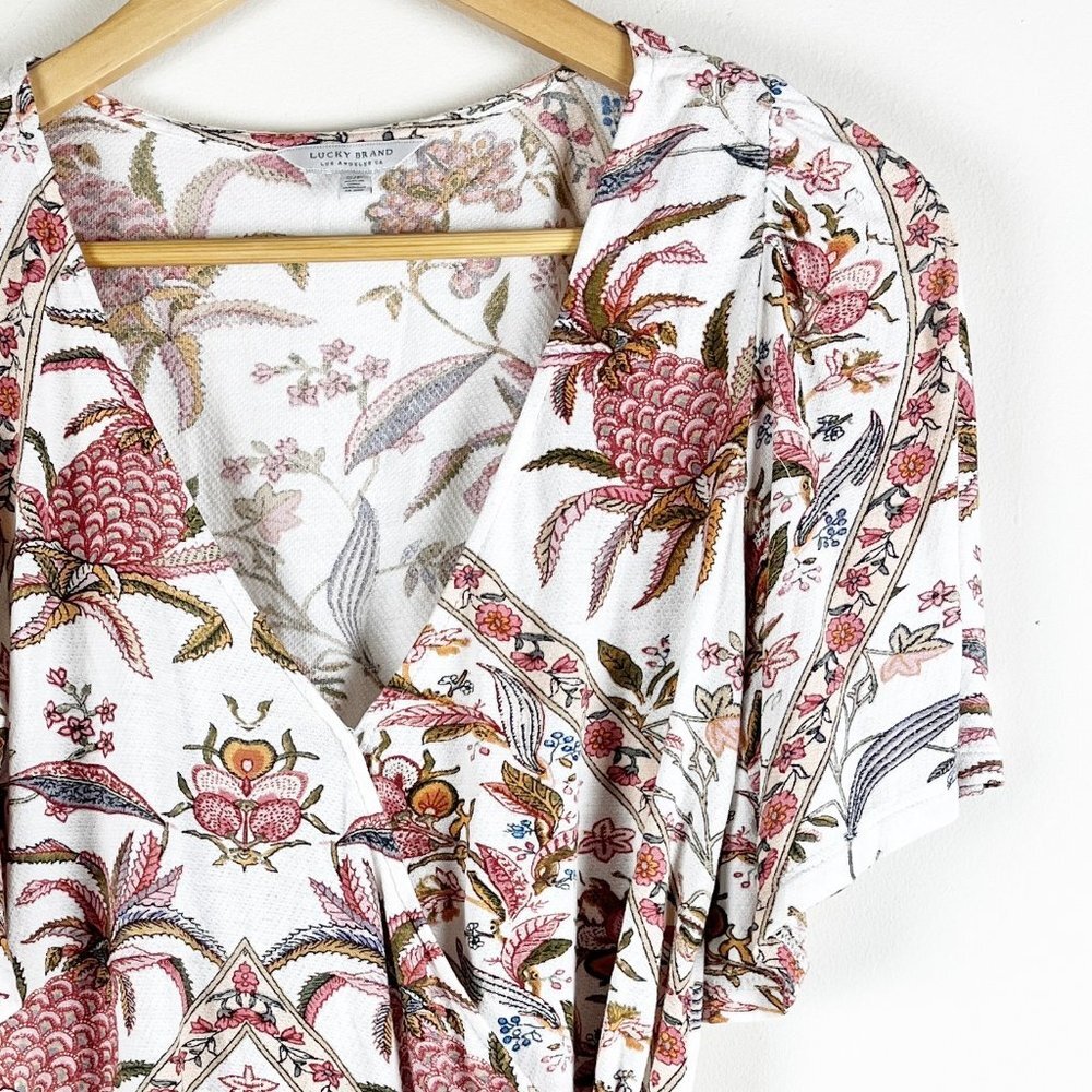 2/$20 Lucky Brand Floral Faux Wrap Top S - Picture 4 of 5